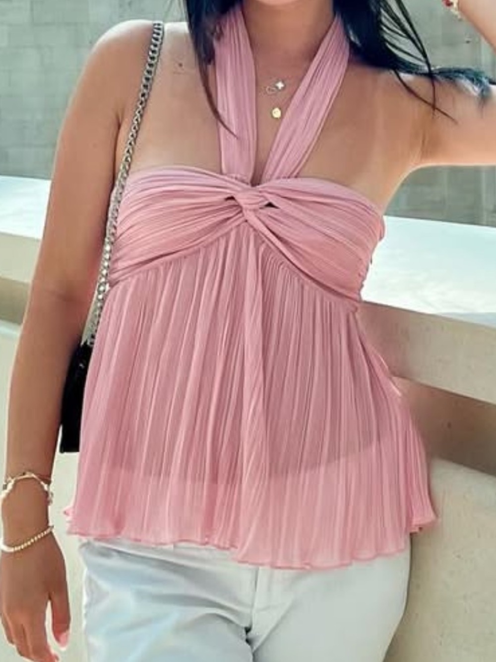 Zara Pink halter crop top with pleated detail